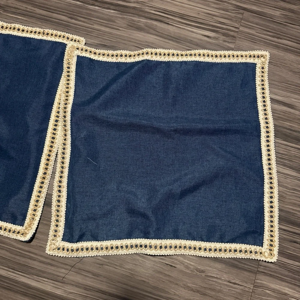 Navy Blue Cream Embrodiered Set Of 2 Throw Pillow Cases 20.5 X 20.5 Inches Boho